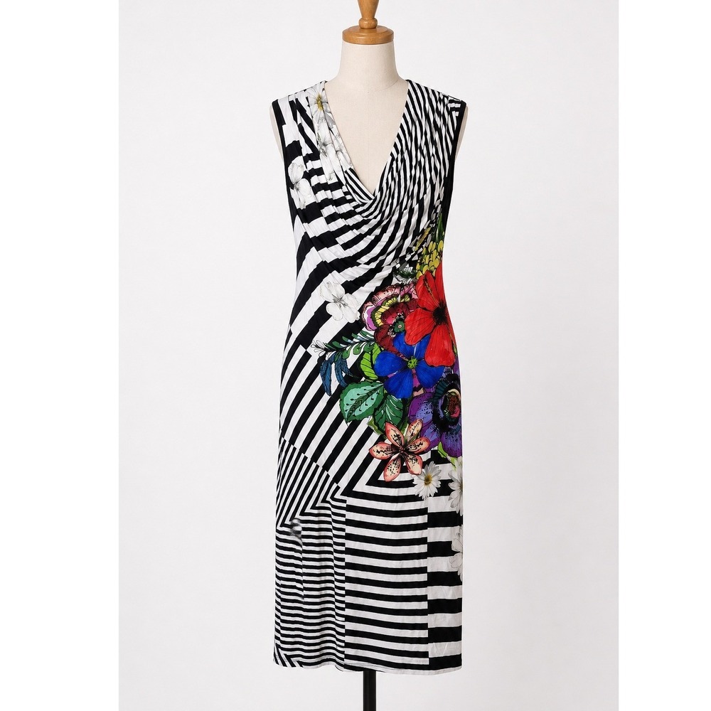 Desigual Floral Striped Sleeveless Dress Women's Small Black White Multi